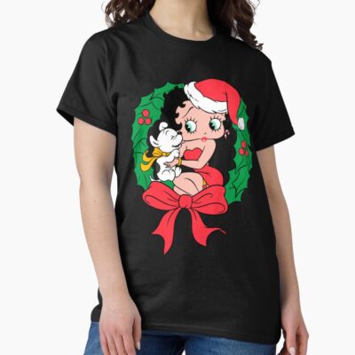 Betty Boop Santa Outfit Seated Wreath Betty Boop T-shirt